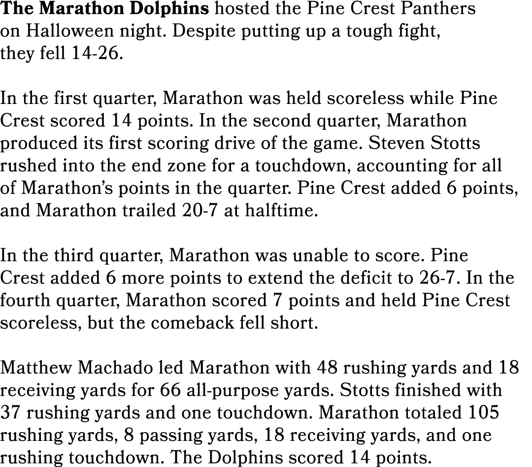 The Marathon Dolphins hosted the Pine Crest Panthers on Halloween night. Despite putting up a tough fight, they fell ...