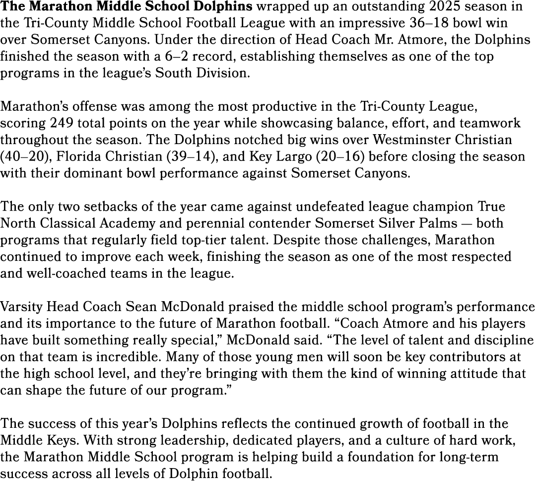 The Marathon Middle School Dolphins wrapped up an outstanding 2025 season in the Tri County Middle School Football Le...