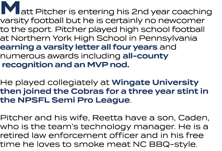 Matt Pitcher is entering his 2nd year coaching varsity football but he is certainly no newcomer to the sport. Pitcher...