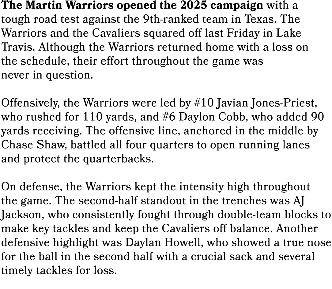 The Martin Warriors opened the 2025 campaign with a tough road test against the 9th ranked team in Texas. The Warrior...