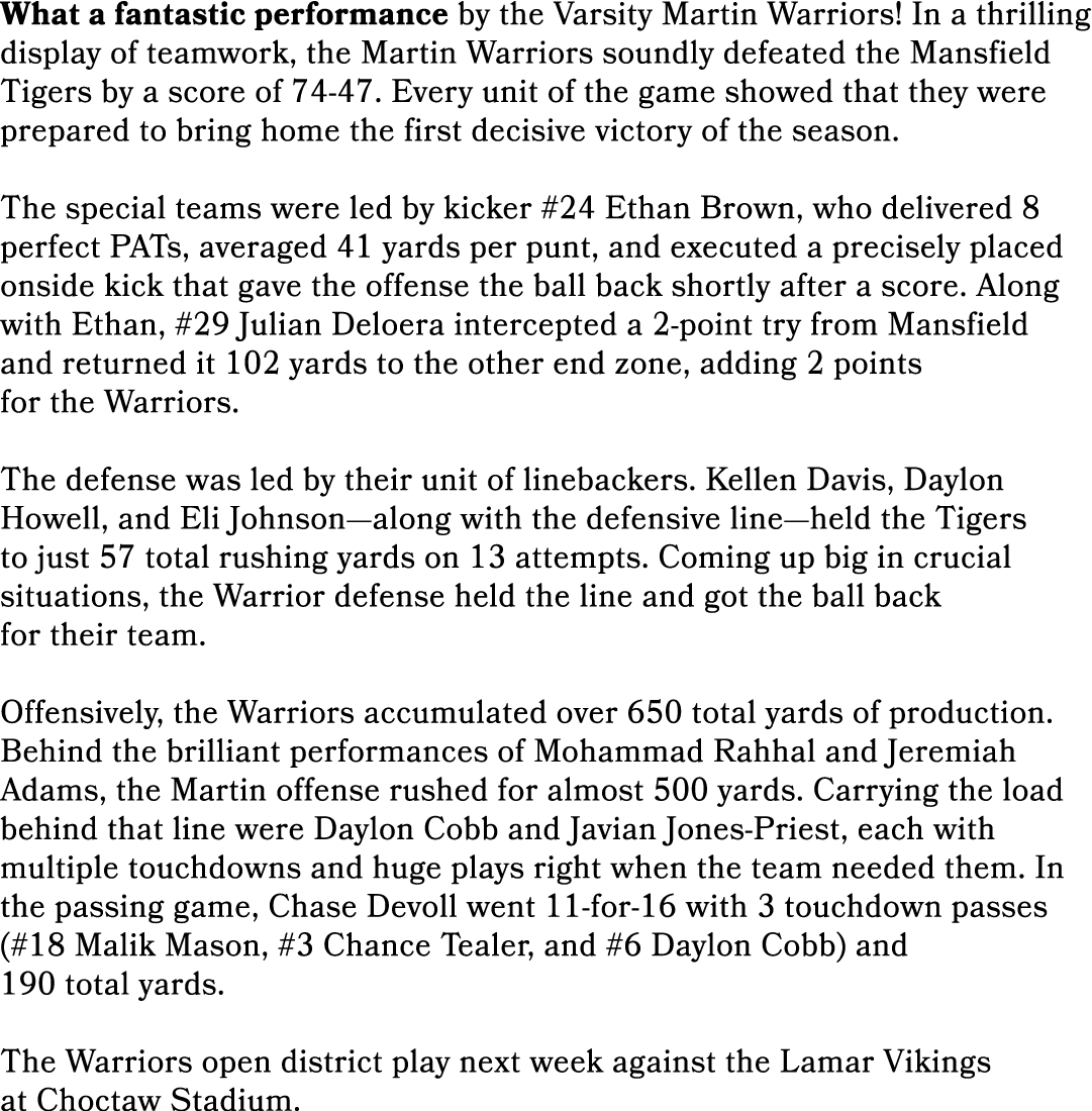 What a fantastic performance by the Varsity Martin Warriors! In a thrilling display of teamwork, the Martin Warriors ...