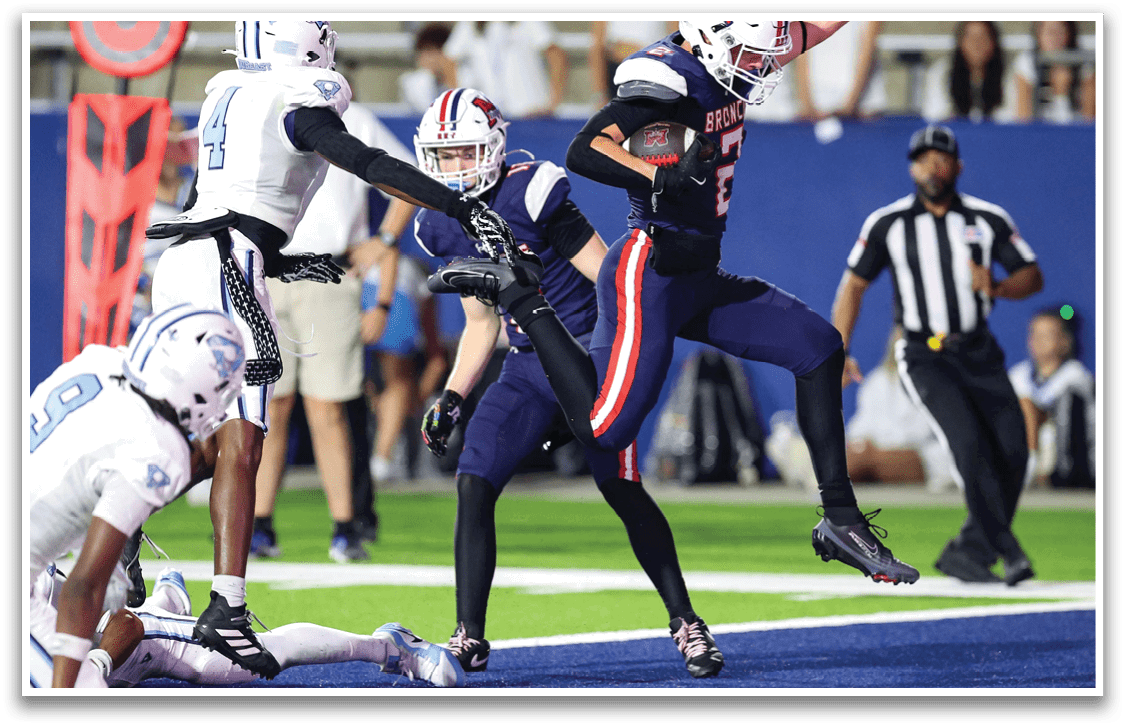 McKinney Boyd's Timothy Karsholt (2) scores a touchdown against Wylie East on Friday, September 5, 2025 at McKInney ISD Stadium. The game started more than two hours late due to weather then was ended at halftime with Wylie East leading 28-24 because of approaching weather. (Photo by Kevin Bartram/buzzphotos.com)
