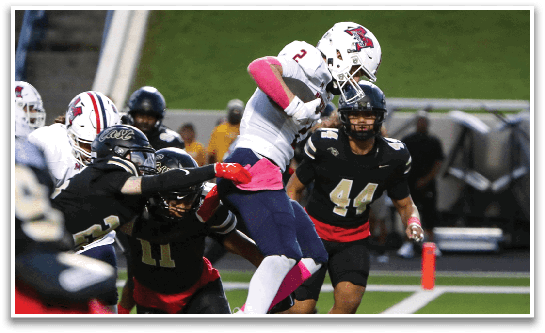McKinney Boyd's Timothy Karsholt (2) crosses the goal line against Plano East on Friday, October 3, 2025 at Tom Kimbrough Stadium. Plano East won the game 27-22. (Photo by John Tyler/buzzphotos.com)