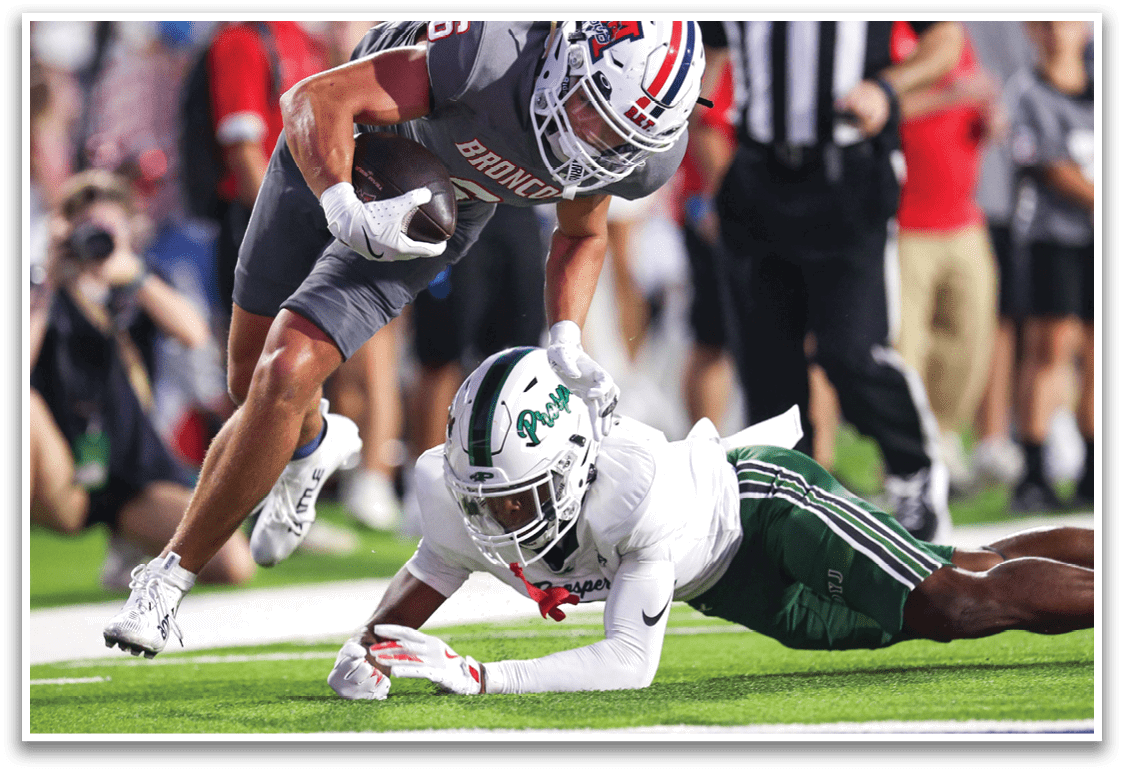 McKinney Boyd's Peyton Korolevich (6) scores a touchdown against Prosper High School on Friday, September 19, 2025 at McKinney ISD Stadium. Prosper won the game 68-31. (Photo by Kevin Bartram/buzzphotos.com)