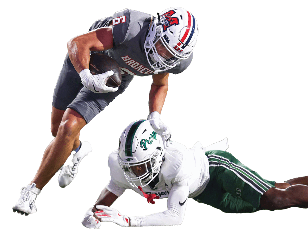 McKinney Boyd's Peyton Korolevich (6) scores a touchdown against Prosper High School on Friday, September 19, 2025 at McKinney ISD Stadium. Prosper won the game 68-31. (Photo by Kevin Bartram/buzzphotos.com)