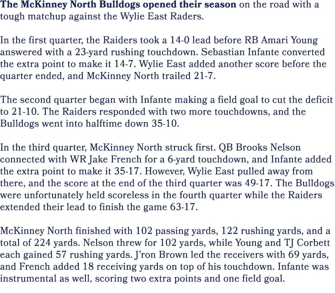 The McKinney North Bulldogs opened their season on the road with a tough matchup against the Wylie East Raders. In th...