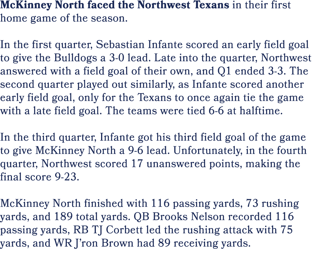 McKinney North faced the Northwest Texans in their first home game of the season. In the first quarter, Sebastian Inf...