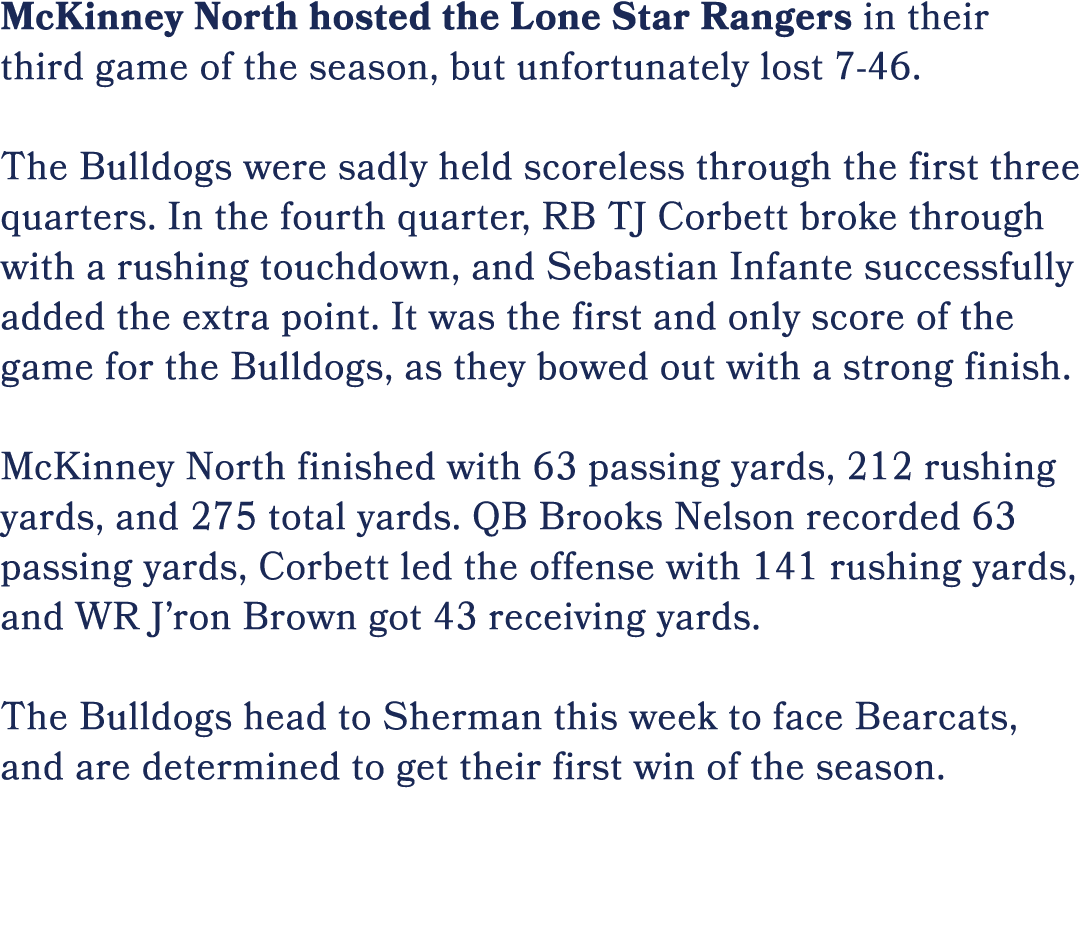 McKinney North hosted the Lone Star Rangers in their third game of the season, but unfortunately lost 7 46. The Bulld...