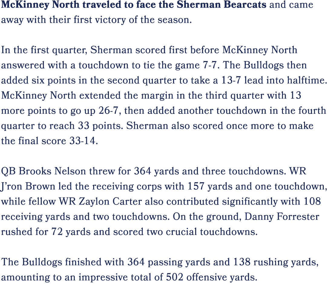 McKinney North traveled to face the Sherman Bearcats and came away with their first victory of the season. In the fir...