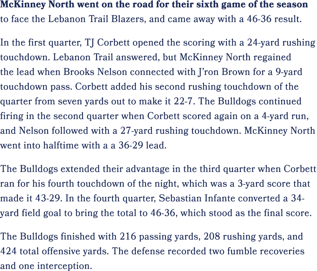 McKinney North went on the road for their sixth game of the season to face the Lebanon Trail Blazers, and came away w...