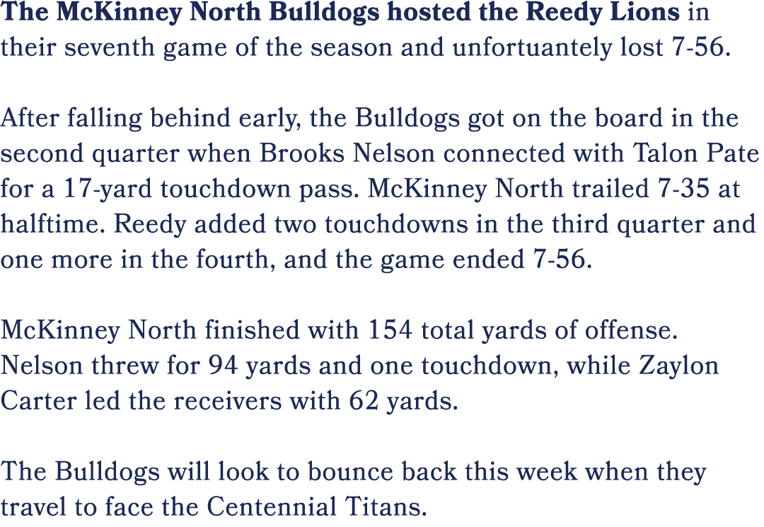 The McKinney North Bulldogs hosted the Reedy Lions in their seventh game of the season and unfortuantely lost 7 56. A...