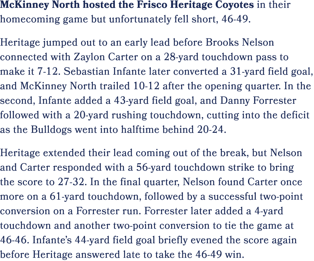 McKinney North hosted the Frisco Heritage Coyotes in their homecoming game but unfortunately fell short, 46 49. Herit...