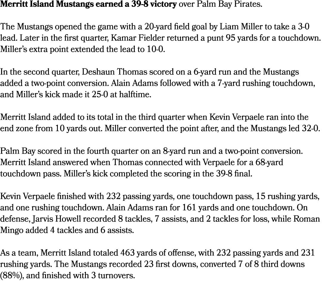 Merritt Island Mustangs earned a 39 8 victory over Palm Bay Pirates. The Mustangs opened the game with a 20 yard fiel...