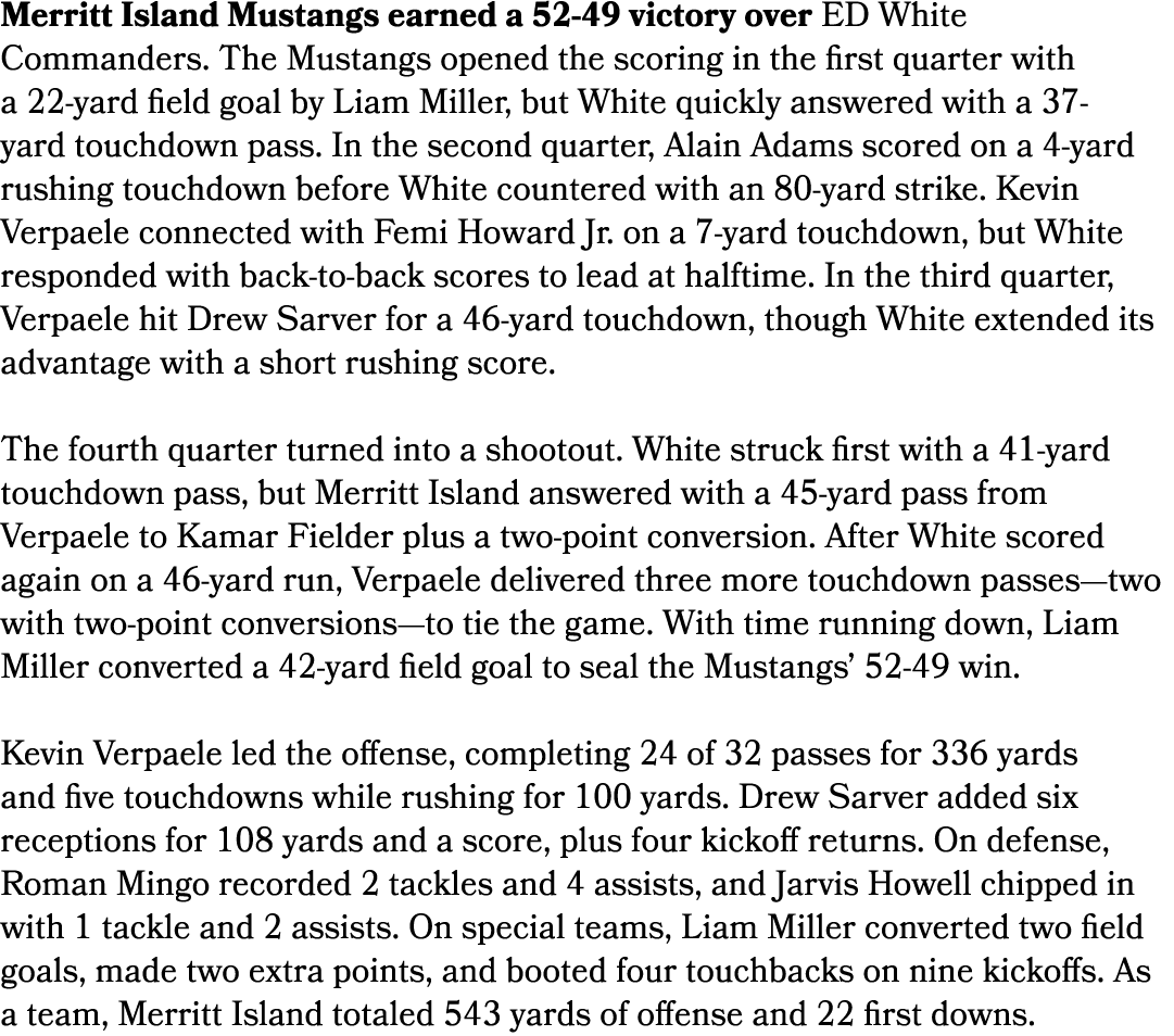 Merritt Island Mustangs earned a 52 49 victory over ED White Commanders. The Mustangs opened the scoring in the first...