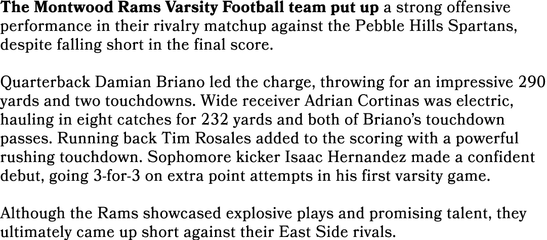 The Montwood Rams Varsity Football team put up a strong offensive performance in their rivalry matchup against the Pe...