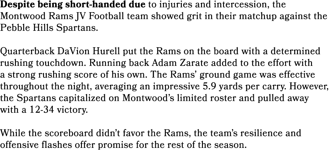 Despite being short handed due to injuries and intercession, the Montwood Rams JV Football team showed grit in their ...