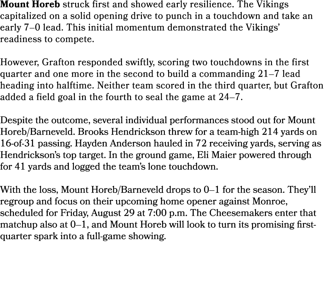 Mount Horeb struck first and showed early resilience. The Vikings capitalized on a solid opening drive to punch in a ...