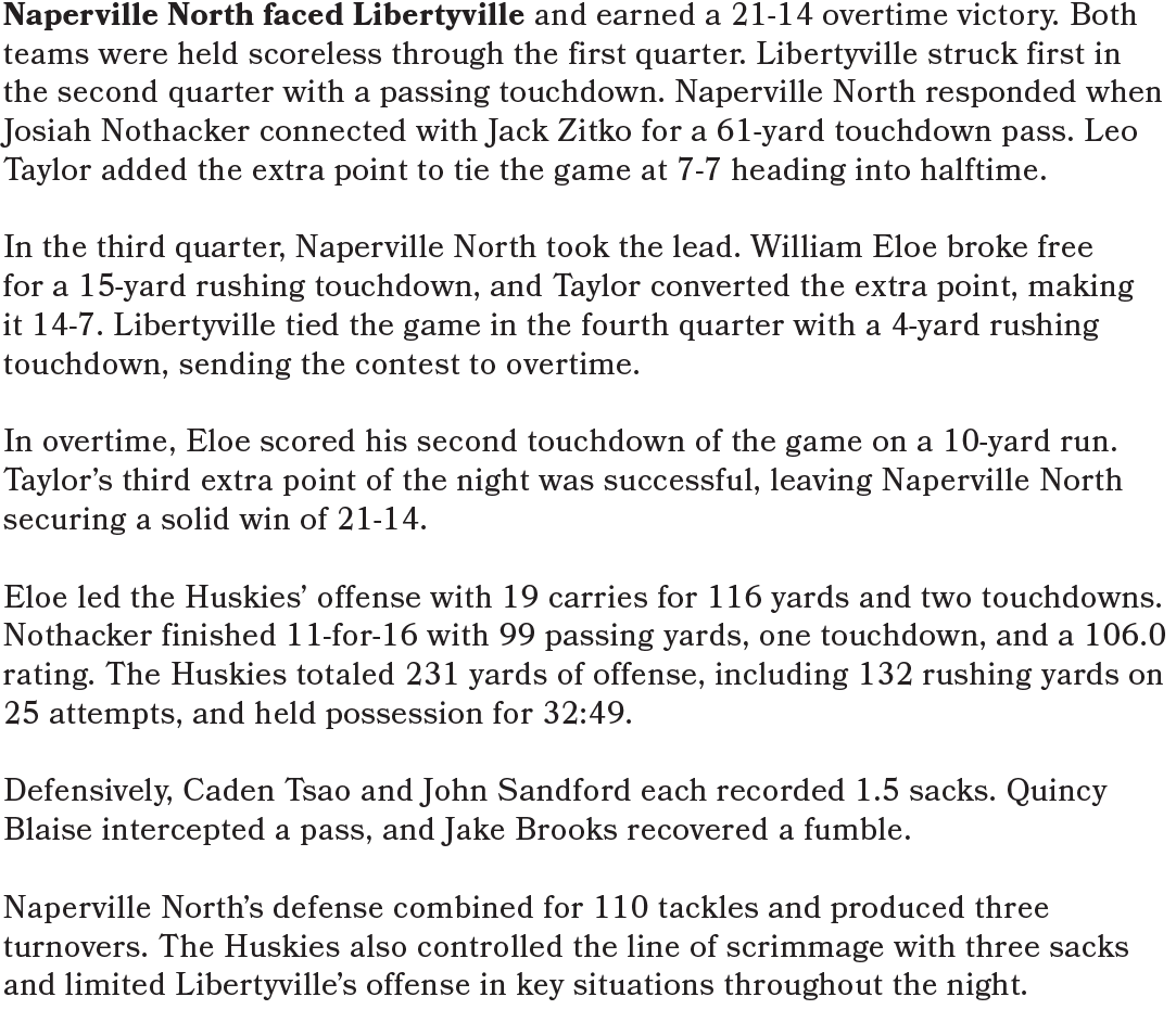 Naperville North faced Libertyville and earned a 21 14 overtime victory. Both teams were held scoreless through the f...