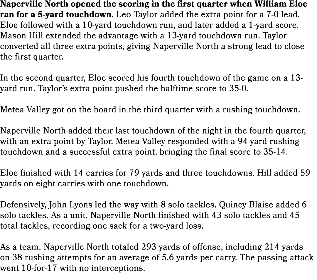 Naperville North opened the scoring in the first quarter when William Eloe ran for a 5 yard touchdown. Leo Taylor add...