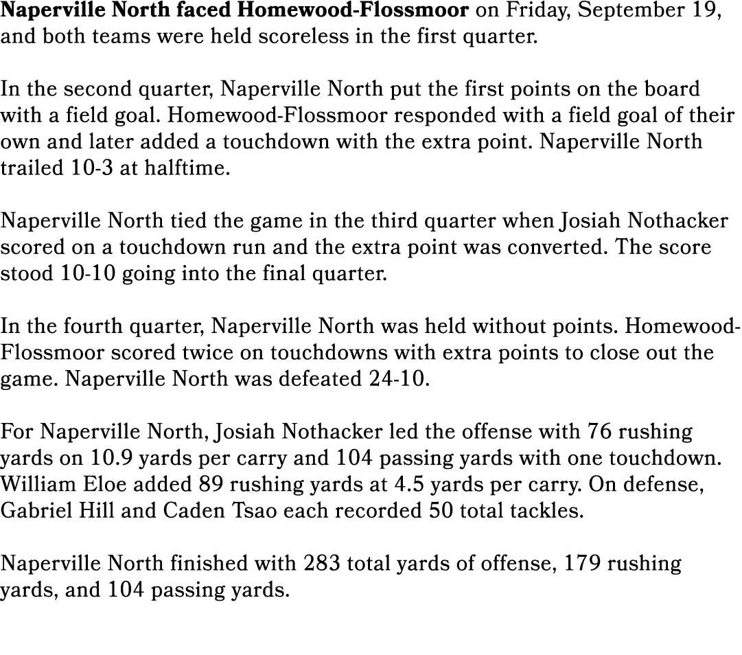 Naperville North faced Homewood Flossmoor on Friday, September 19, and both teams were held scoreless in the first qu...