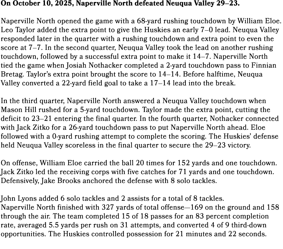 On October 10, 2025, Naperville North defeated Neuqua Valley 29–23. Naperville North opened the game with a 68 yard r...