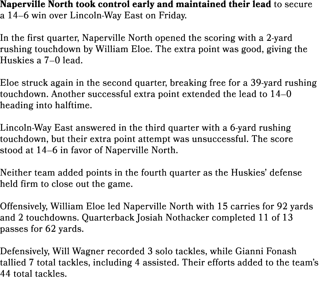 Naperville North took control early and maintained their lead to secure a 14–6 win over Lincoln Way East on Friday. I...