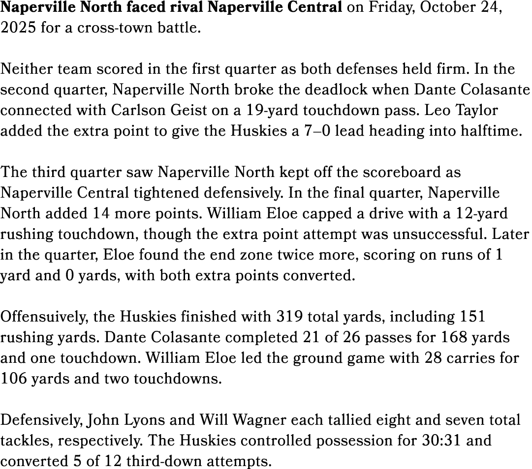 Naperville North faced rival Naperville Central on Friday, October 24, 2025 for a cross town battle. Neither team sco...