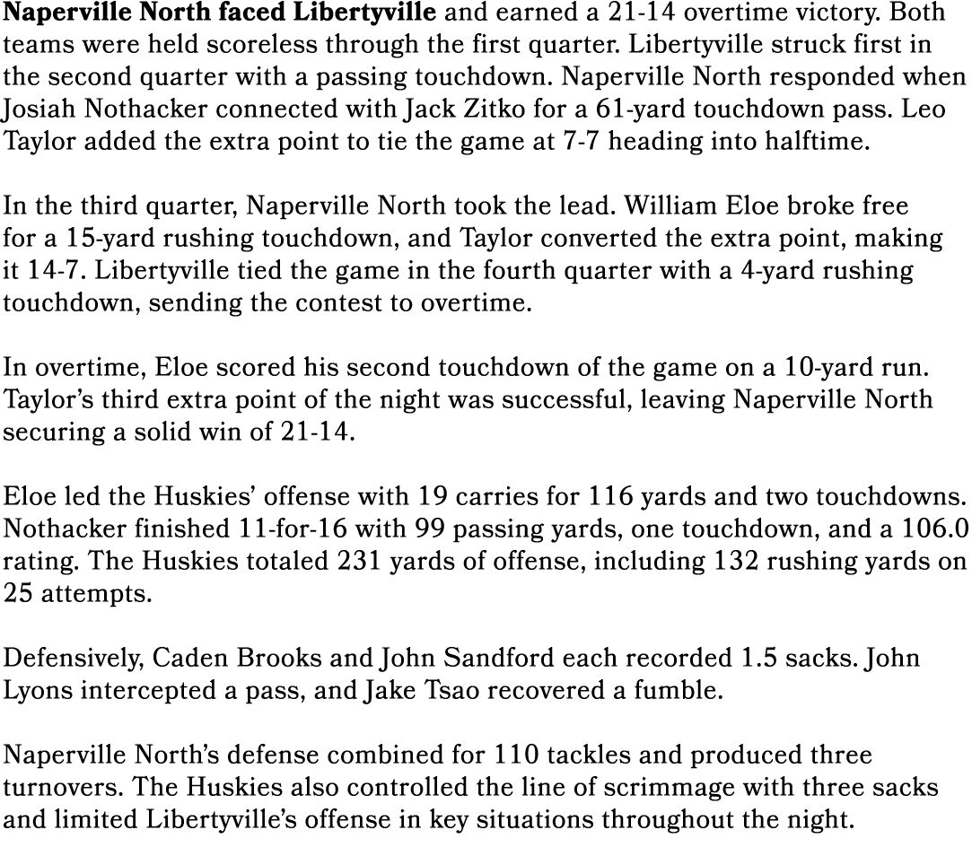 Naperville North faced Libertyville and earned a 21 14 overtime victory. Both teams were held scoreless through the f...