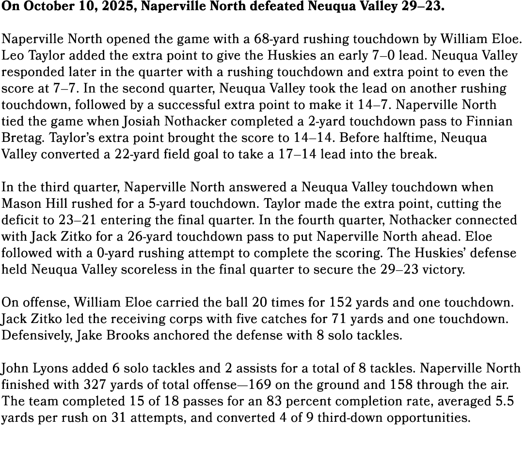 On October 10, 2025, Naperville North defeated Neuqua Valley 29–23. Naperville North opened the game with a 68 yard r...