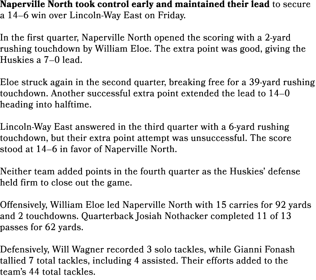 Naperville North took control early and maintained their lead to secure a 14–6 win over Lincoln Way East on Friday. I...