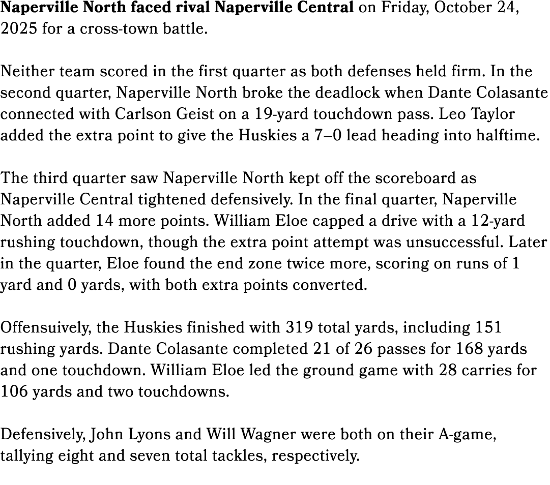 Naperville North faced rival Naperville Central on Friday, October 24, 2025 for a cross town battle. Neither team sco...