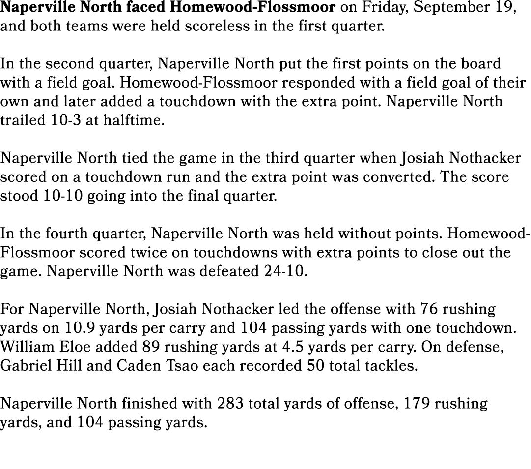 Naperville North faced Homewood Flossmoor on Friday, September 19, and both teams were held scoreless in the first qu...