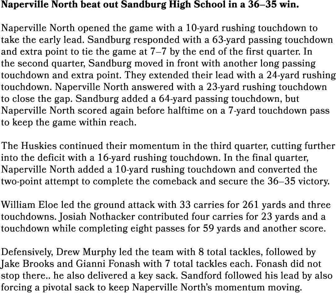 Naperville North beat out Sandburg High School in a 36–35 win. Naperville North opened the game with a 10 yard rushin...