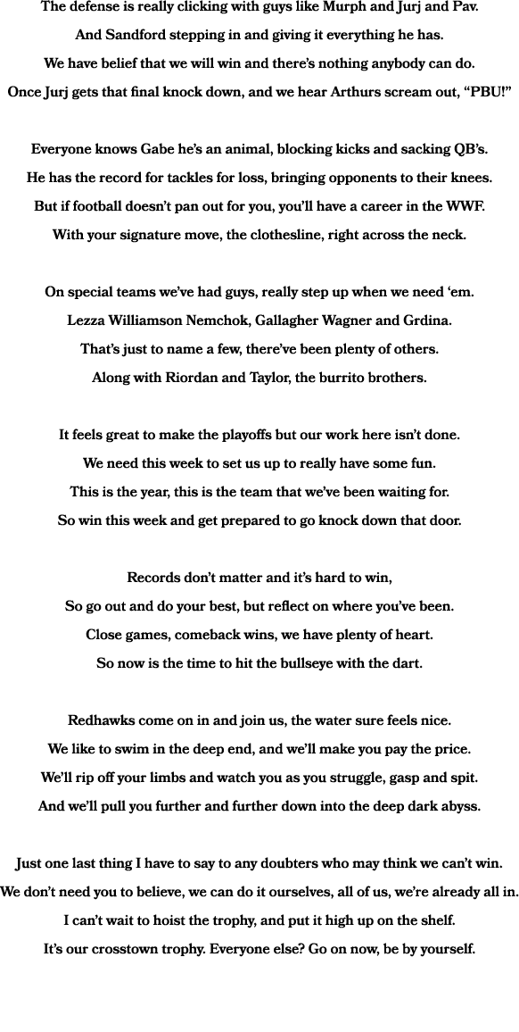 The defense is really clicking with guys like Murph and Jurj and Pav. And Sandford stepping in and giving it everythi...