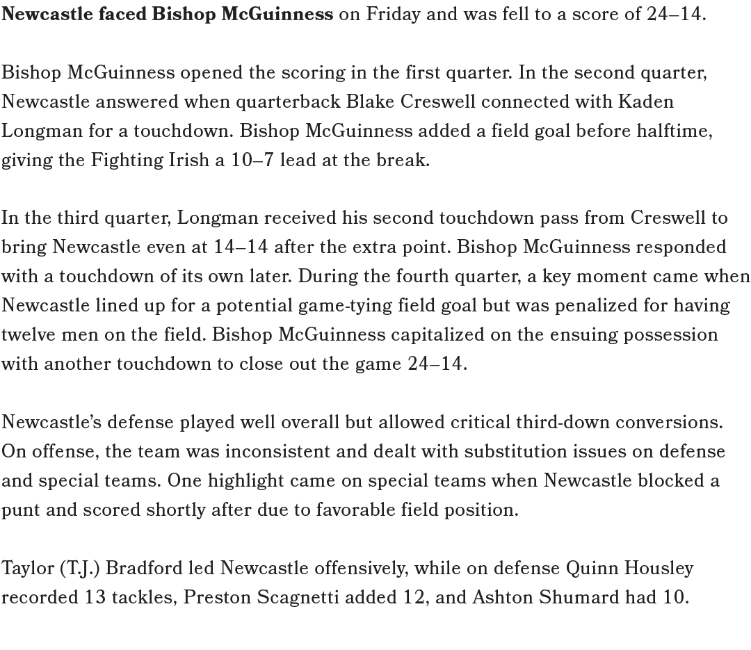 Newcastle faced Bishop McGuinness on Friday and was fell to a score of 24–14. Bishop McGuinness opened the scoring in...