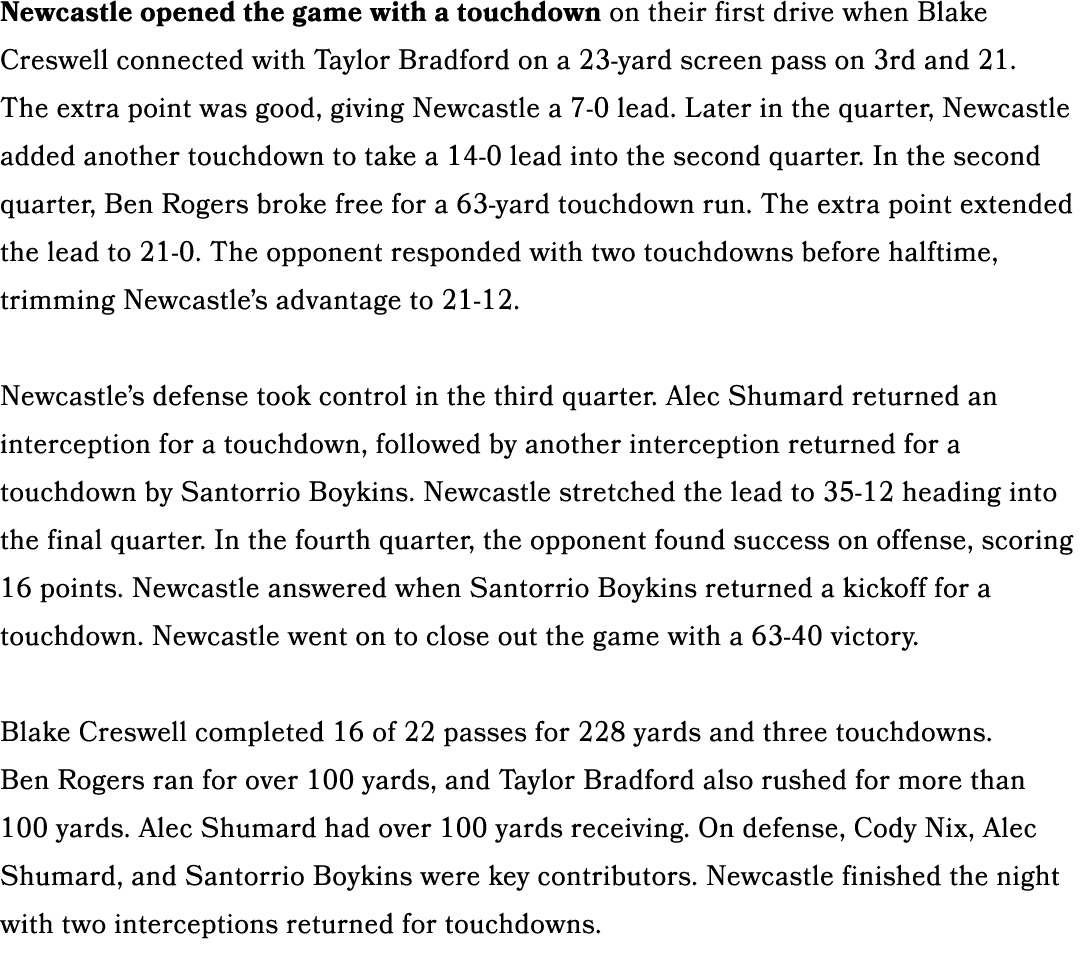 Newcastle opened the game with a touchdown on their first drive when Blake Creswell connected with Taylor Bradford on...