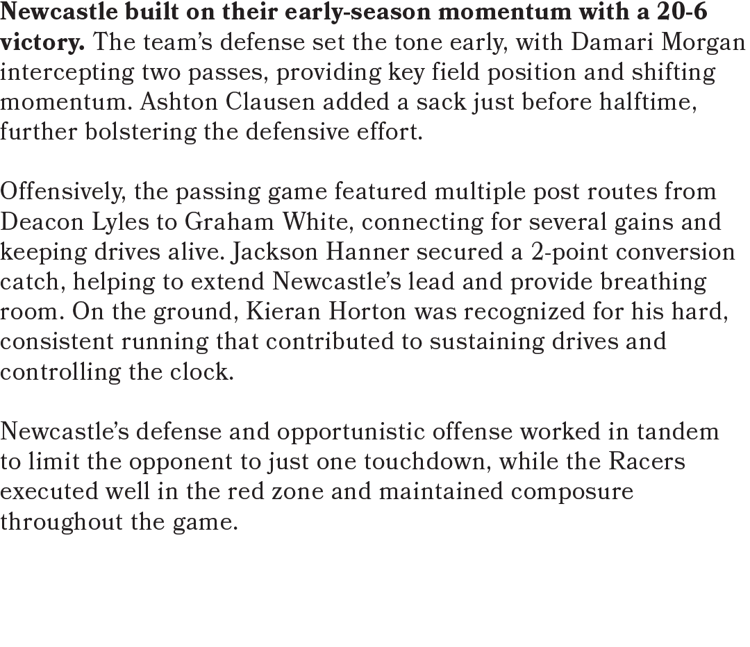 Newcastle built on their early‑season momentum with a 20‑6 victory. The team’s defense set the tone early, with Damar...