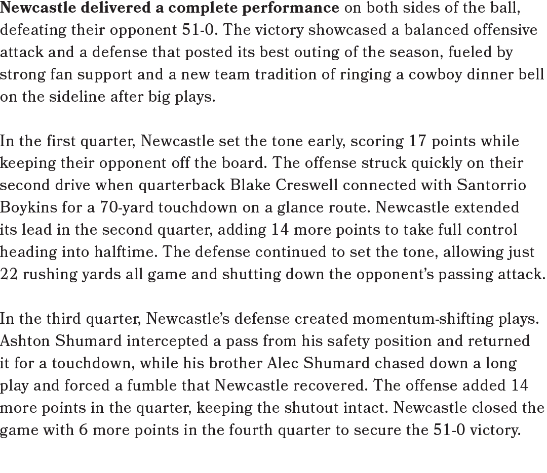 Newcastle delivered a complete performance on both sides of the ball, defeating their opponent 51 0. The victory show...