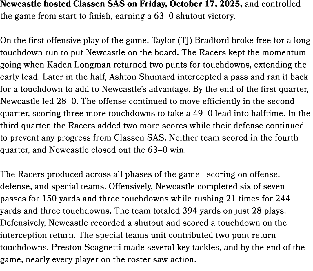 Newcastle hosted Classen SAS on Friday, October 17, 2025, and controlled the game from start to finish, earning a 63–...