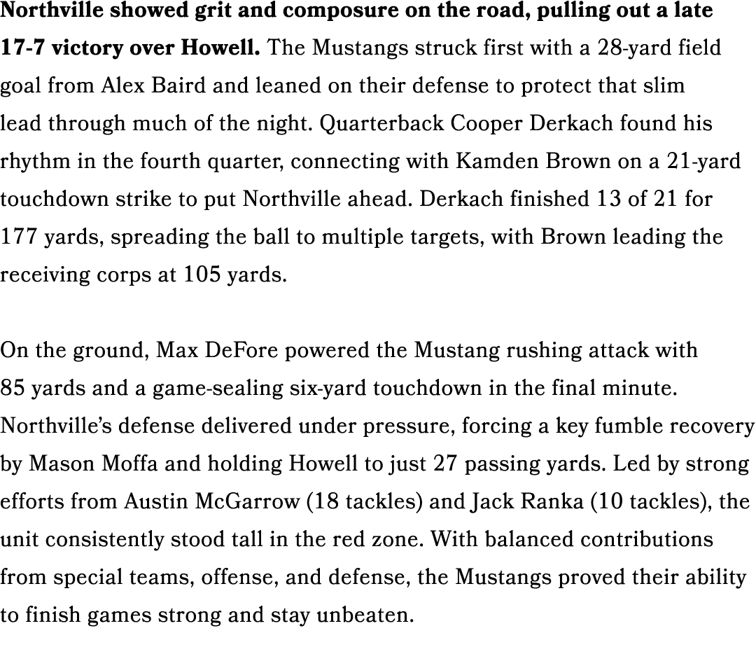 Northville showed grit and composure on the road, pulling out a late 17 7 victory over Howell. The Mustangs struck fi...