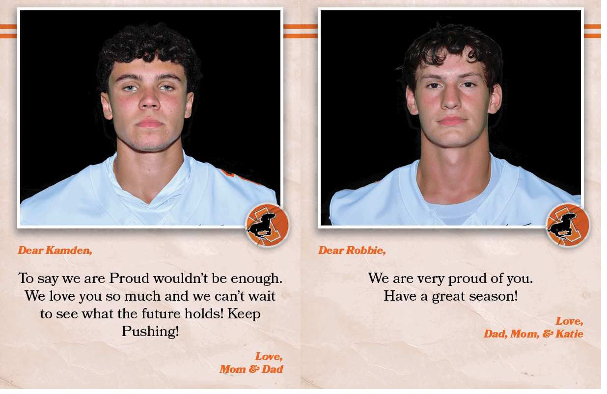 Dear Robbie, We are very proud of you. Have a great season! Love, Dad, Mom, & Katie ,Dear Kamden, To say we are Proud...