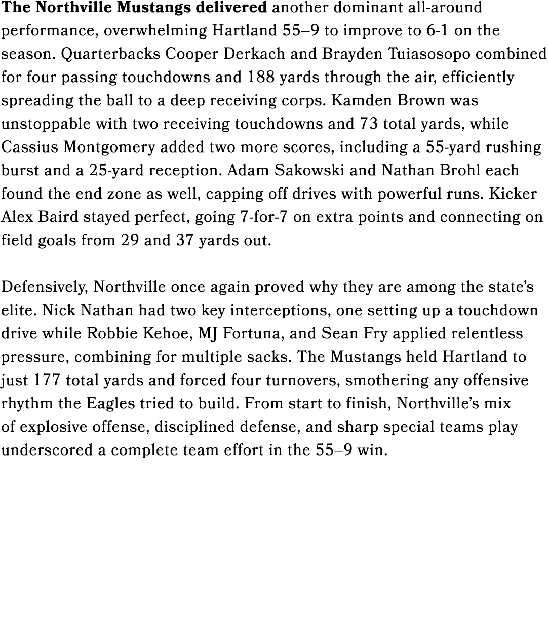 The Northville Mustangs delivered another dominant all around performance, overwhelming Hartland 55–9 to improve to 6...