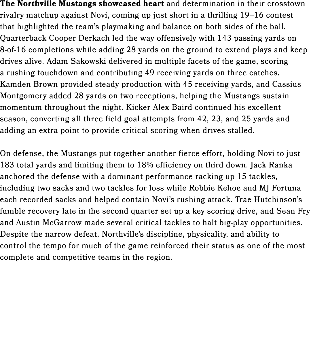 The Northville Mustangs showcased heart and determination in their crosstown rivalry matchup against Novi, coming up ...