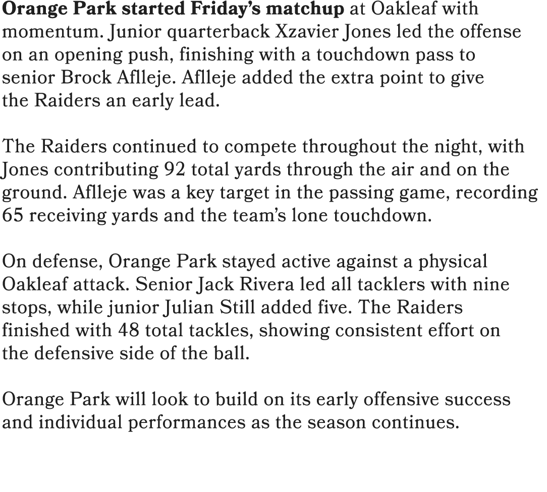 Orange Park started Friday’s matchup at Oakleaf with momentum. Junior quarterback Xzavier Jones led the offense on an...
