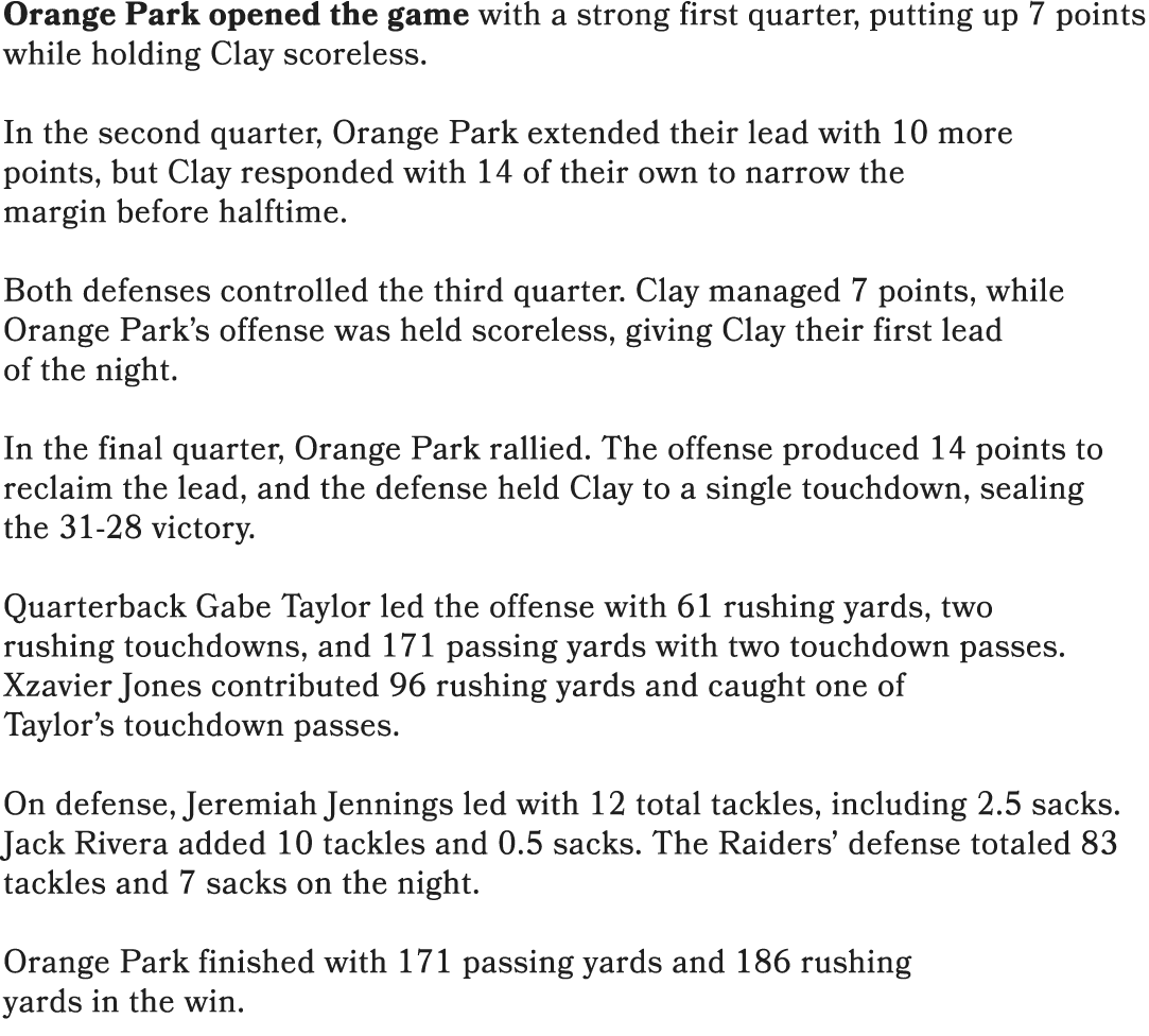 Orange Park opened the game with a strong first quarter, putting up 7 points while holding Clay scoreless. In the sec...