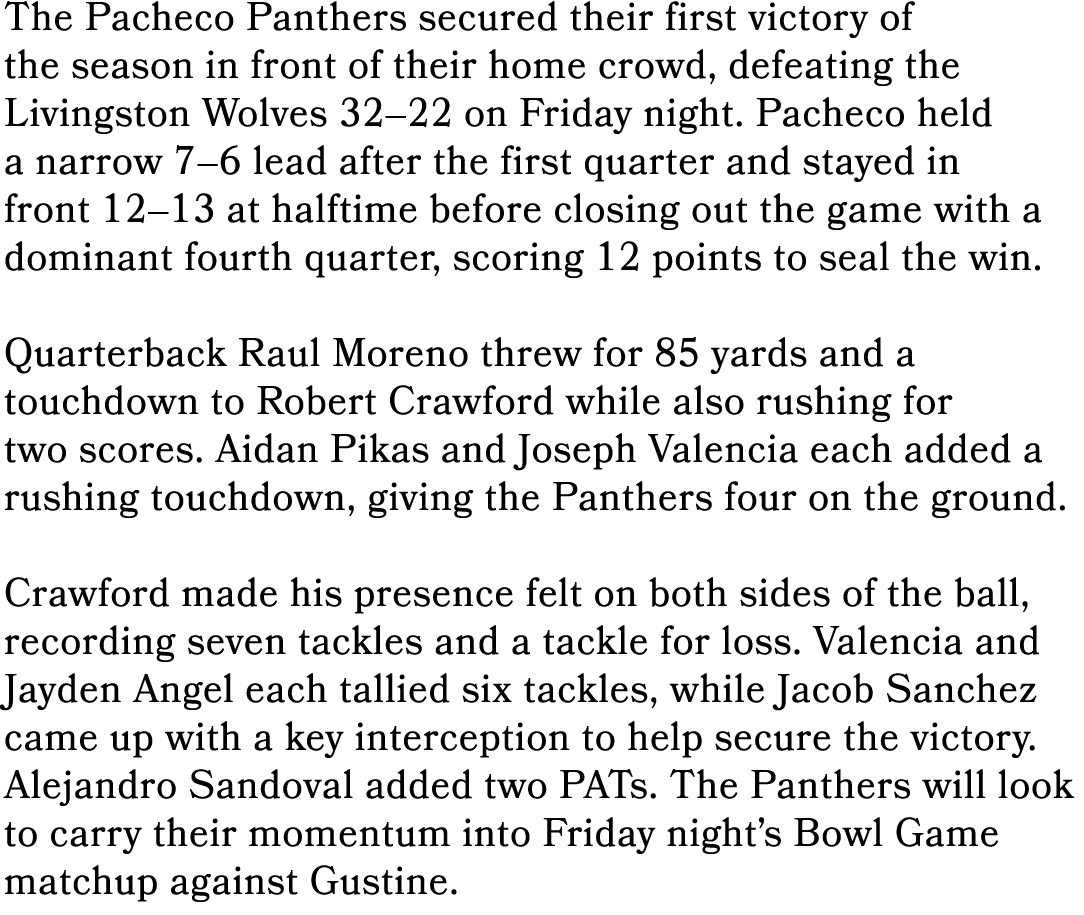 The Pacheco Panthers secured their first victory of the season in front of their home crowd, defeating the Livingston...