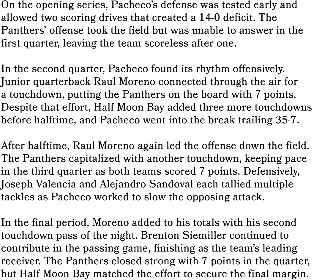 On the opening series, Pacheco’s defense was tested early and allowed two scoring drives that created a 14 0 deficit....