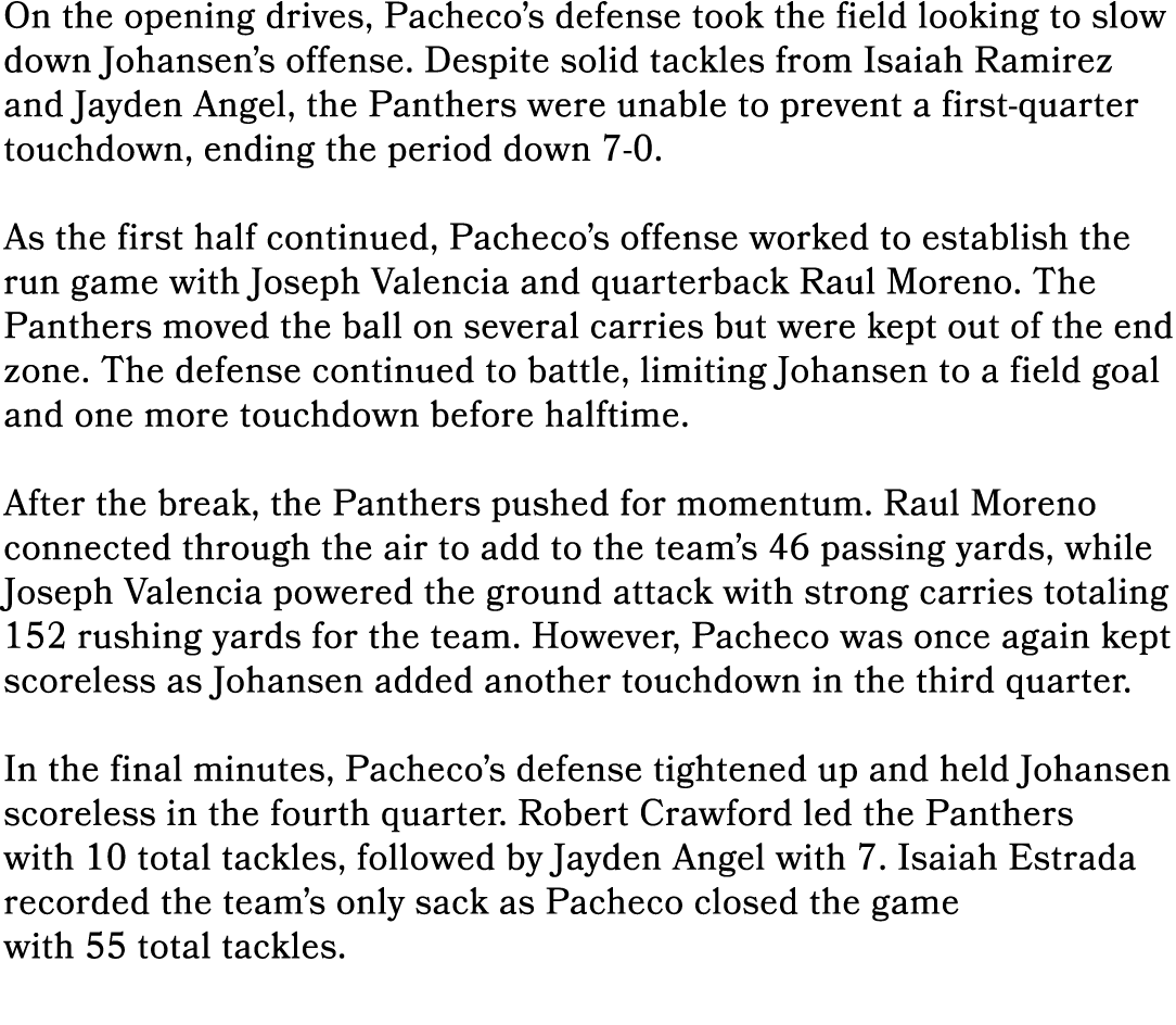 On the opening drives, Pacheco’s defense took the field looking to slow down Johansen’s offense. Despite solid tackle...