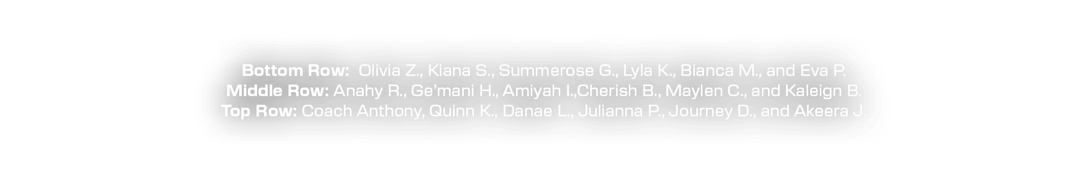 Bottom Row: Olivia Z., Kiana S., Summerose G., Lyla K., Bianca M., and Eva P. Middle Row: Anahy R., Ge’mani H., Amiya...