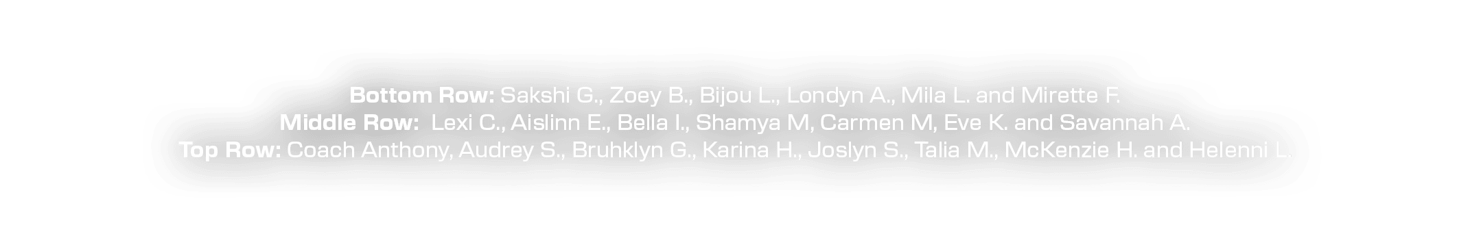 Bottom Row: Sakshi G., Zoey B., Bijou L., Londyn A., Mila L. and Mirette F. Middle Row: Lexi C., Aislinn E., Bella I....